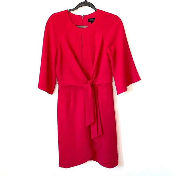 Tahari Ponte Knit Faux Wrap Knot Tie Front Sheath Dress Raspberry Pink Size 4 - Picture 3 of 8